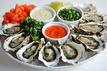 Oysters and shellfish shine at seafood festivals. Platter of fresh oysters with sauces and garnishes.