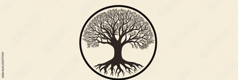 Poster Exploring the intricate design of a tree of life featuring exposed roots in a circular pattern. Generative AI