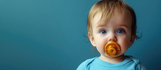 Adult with pacifier storage solution and baby holding a pacifier against a blue background with empty space for text or marketing.