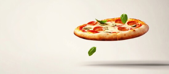 Flying Margherita Pizza Over White Background Italian Cuisine with Space for Custom Text and Fresh Basil Garnish