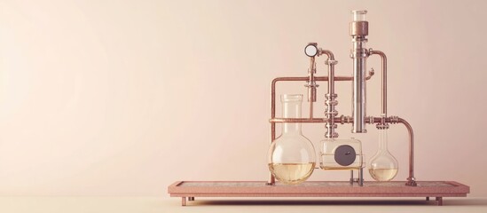 Experimental laboratory setup featuring glassware and chemical substances with space for text on neutral background