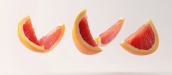 Organic ripe grapefruit slices in mid-air on a clean white background with ample space for text and design elements.