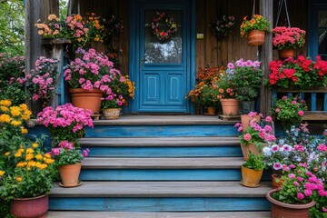Fototapeta premium Porch of a house decorated with colorful beautiful spring flowers 