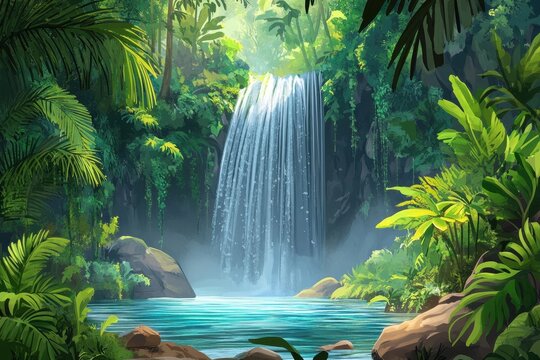 Jungle landscape with wonderful waterfall at deep tropical rain forest . A serene tropical waterfall cascading through lush jungle foliage, surrounded by vibrant greenery and natural beauty.