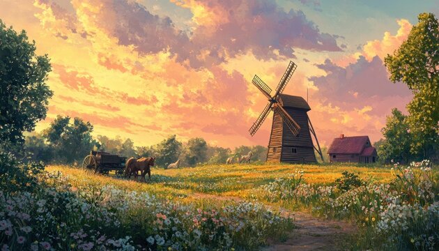 A serene countryside scene with a windmill horses and cart in the twilight