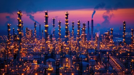 Fototapeta premium Industrial skyline at dusk with illuminated towers and smoke against a vibrant sunset