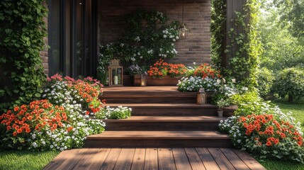 Obraz premium Porch of a house decorated with colorful beautiful spring flowers 