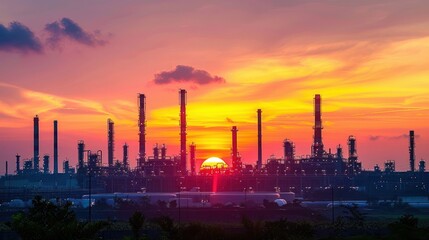 Fototapeta premium Sunset over industrial skyline with silhouettes of refinery structures against colorful sky