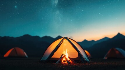 A cozy campsite with illuminated tents and a crackling campfire under a starry sky, surrounded by mountains at dusk.