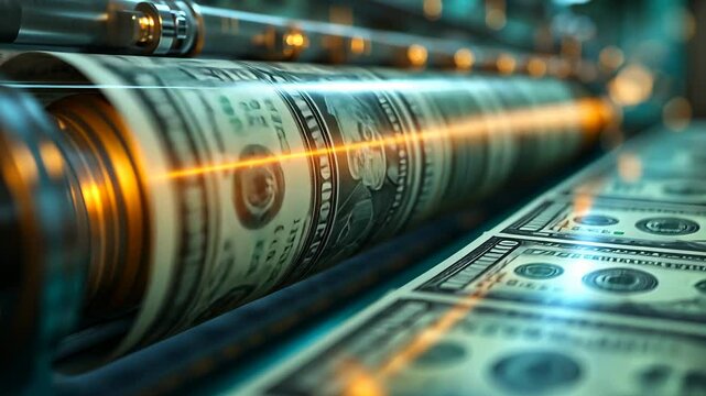 Close-up of a money printing process with vibrant colors and details