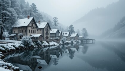 Fototapeta premium Create a scene where snow gently falls over a quiet village by the edge of a misty lake, with the reflections of ancient stone buildings blending with the whiteness of the snow