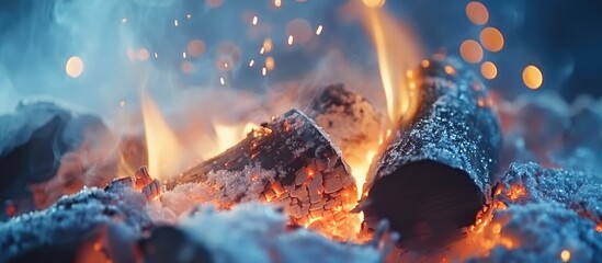 Burning logs in an open fireplace with glowing embers and rising smoke creating a warm winter evening atmosphere with space for text.