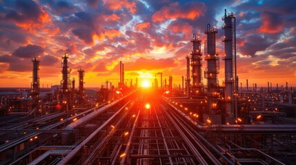 Fototapeta premium Industrial landscape at sunset with pipelines and smokestacks against a vibrant sky (1)