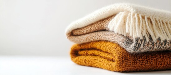 Folded cozy shawls in warm colors on a white background with ample empty space for text or branding messages