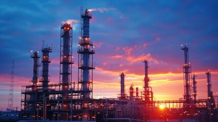 Fototapeta premium Industrial landscape at sunset with smokestacks silhouetted against a colorful sky