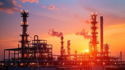Obraz premium Industrial skyline at sunset with smokestacks and vibrant colors, depicting energy production