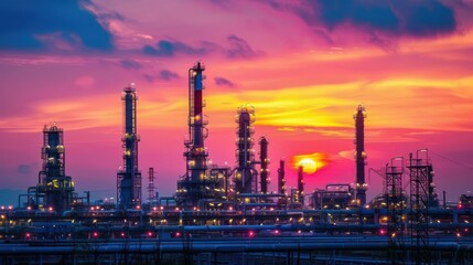 Fototapeta premium Industrial skyline at sunset with vibrant colors and silhouettes of refinery structures