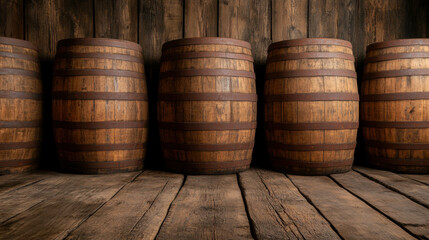 Rustic wooden barrels aligned in a vintage cellar setting
