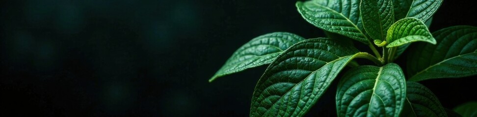 Dark green leaves with silver veins against black background, leaves, background, silver