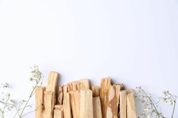 Palo santo sticks and gypsophila flowers on white background, flat lay. Space for text