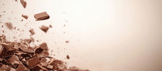 Chocolate fragments on a textured backdrop with ample empty space for creative text or branding applications in food-related designs