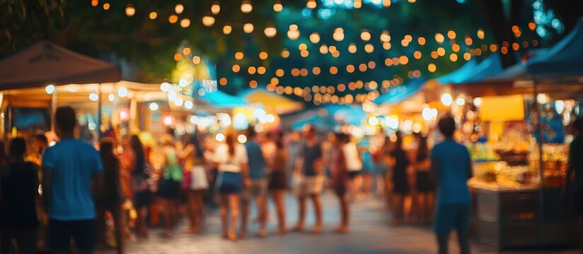 Street festival atmosphere with food and drink booths colorful lights and blurred crowd creating a vibrant evening scene for text overlay