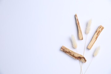 Palo santo sticks and dry spikes on white background, flat lay. Space for text
