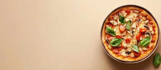 Delicious pizza in a bowl with fresh ingredients and empty space for ad text showcasing food delivery concept and culinary appeal