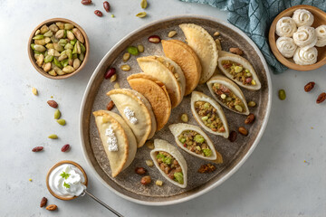 traditional Ramadan sweets like baklava kunafa qatayef top view
