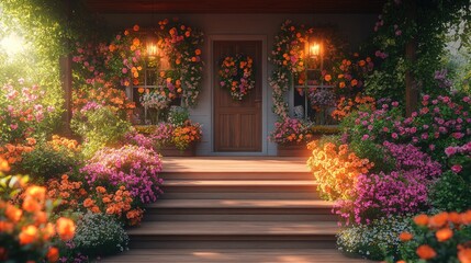 Porch of a house decorated with colorful beautiful spring flowers	