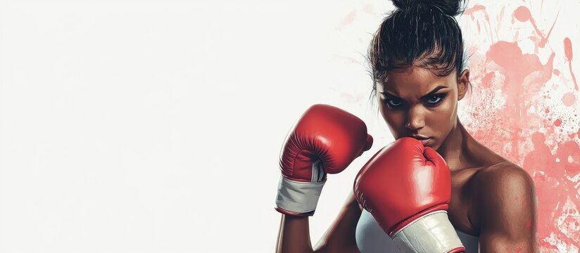 Female boxer focused and ready for kickboxing training in gym with empty space for promotional text or branding