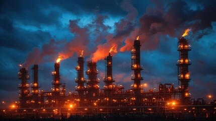 Fototapeta premium Industrial complex at dusk with flames and smoke rising against a dramatic sky, showcasing energy production