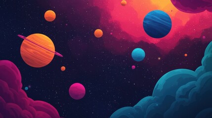 A vibrant cosmic scene featuring colorful planets against a dark, starry backdrop with swirling clouds.
