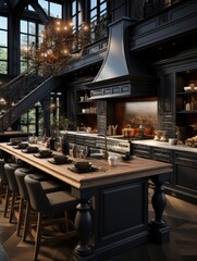 Elegant black kitchen with modern design, featuring a spacious dining area.