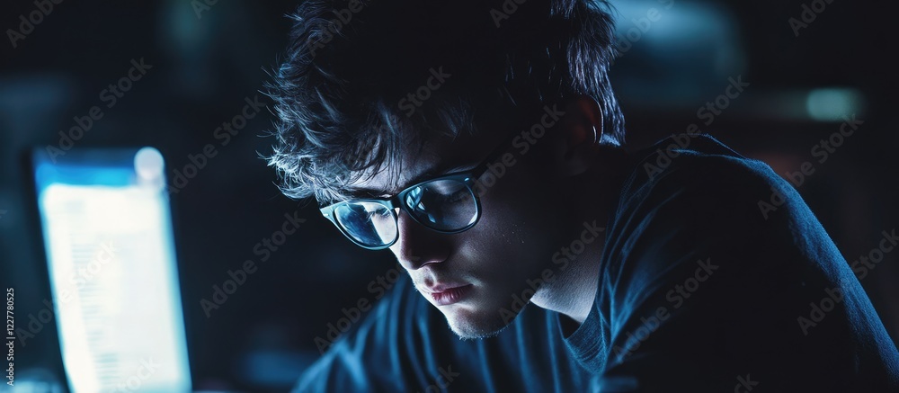 Poster Focused young male coder working late at night in a dim studio with a computer screen illuminating the space and empty area for text.