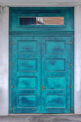 Big Double Closed Blue Paint Wooden Doors