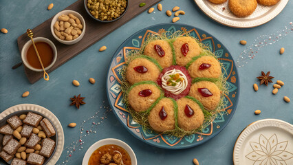 traditional Ramadan sweets like baklava kunafa qatayef top view