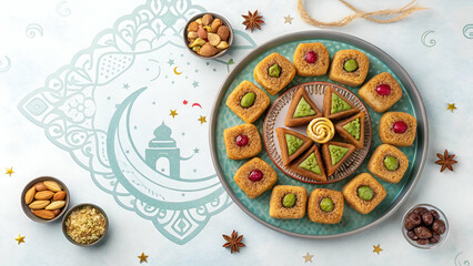 traditional Ramadan sweets like baklava kunafa qatayef top view