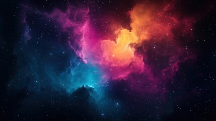 Fototapeta premium A vibrant cosmic scene featuring colorful nebulae in shades of pink, orange, and blue against a starry backdrop.