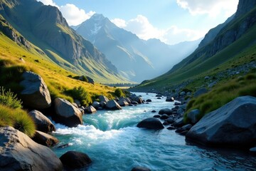 River carves through mountainside with gentle slope, rocky, hillside, valley