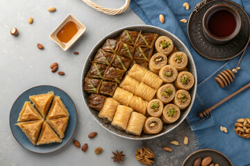 traditional Ramadan sweets like baklava kunafa qatayef top view