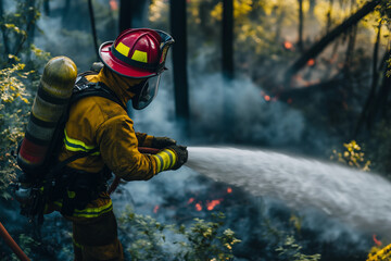 Portrait of fireman with protection suit and extinguish tank in the forest, Selective focus firefighter with wildfire, Forest fire disaster.