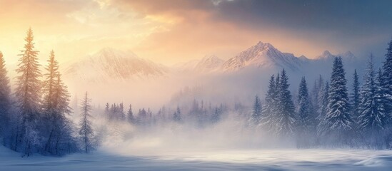 Foggy Winter Dawn Over Majestic Mountains Tranquil Snowy Landscape with Space for Text and Reflection