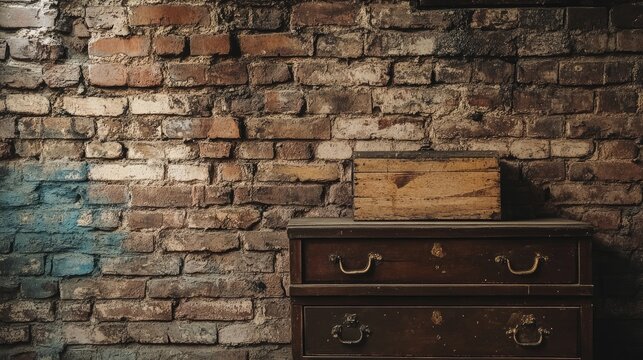 Vintage wooden furniture against an aged brown brick wall texture with empty space for text placement and a nostalgic ambiance