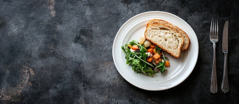 Food waste reduction concept featuring stale bread and vegetable leftovers on a plate with space for text and food sustainability message - Powered by Adobe