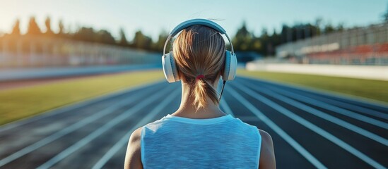 Athlete with headphones on racetrack looking ahead with empty space for text in an outdoor sports setting during sunset
