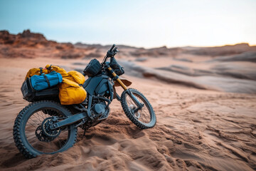 Selective focus endurance motor bike in desert with backpack for outdoor activity.