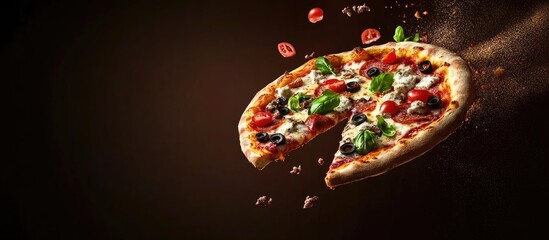Flying pizza featuring assorted toppings with space for text and a dark background perfect for food photography.