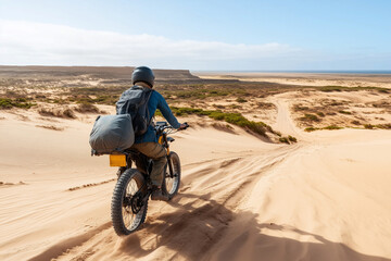 Obraz premium Selective focus biker riding motor bike in desert with smoke dust, Endurance biker in desert, Adventure outdoor activity for biker.