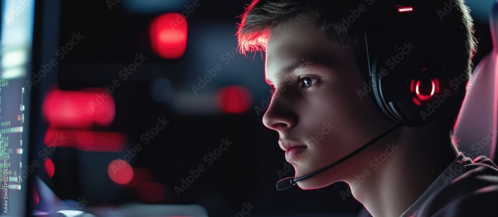 Fototapete young engineer in headset concentrating on computer design with vibrant background and empty space f